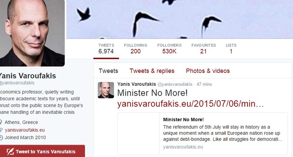 İstifa ettiğini Twitter adresinden duyuran Varoufakis, "Artık Bakan değilim! (Minister No More!)" yazdı.
