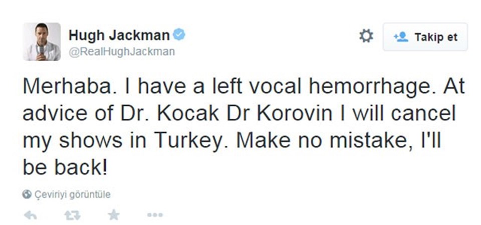 Jackman, hayranlarına üzücü haberi Twitter üzerinden duyurdu