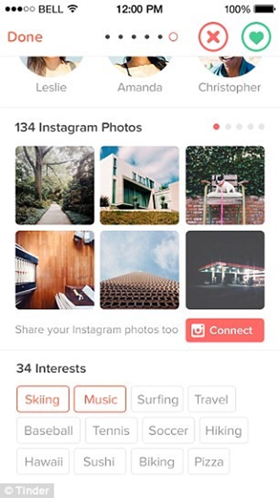 Uygulama kullanıcıların son 34 Instagram paylaşımını Tinder profillerinde yayınlamalarına izin veriyor.