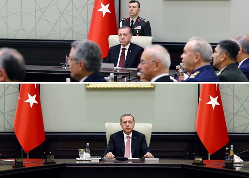 Önceki MGK’ya ilişkin fotoğraflarda başyaver Ali Yazıcı, Erdoğan’ın başında görülüyordu. Ancak Yazıcı’nın darbe soruşturmasında gözaltına alınmasından sonra, toplantıdan paylaşılan fotoğraflarda Erdoğan’ın arkasında yaver bulunmadı.
